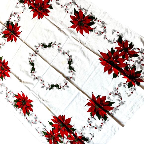 Vintage Christmas holiday tablecloth square printed cotton AS FOUND with stains - Picture 3 of 12